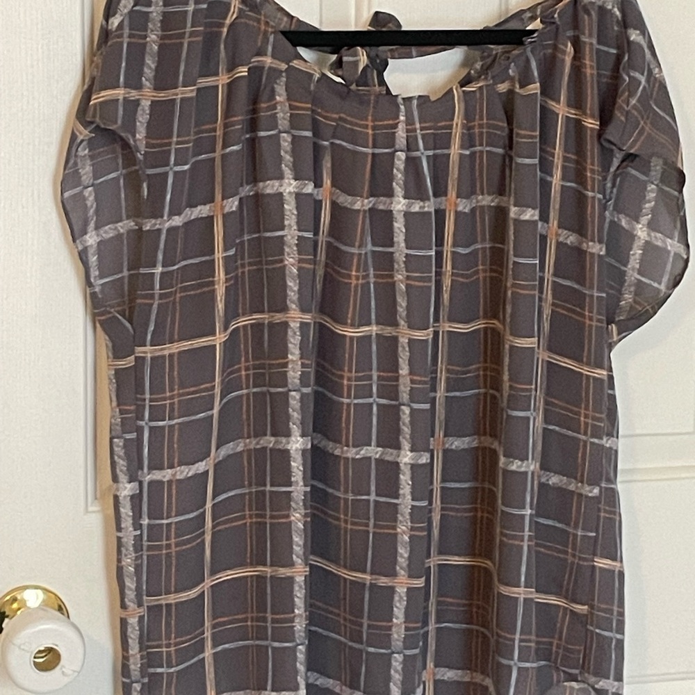 LC Lauren Conrad Plaid Blouse - Gray and Tan XXL Sheer